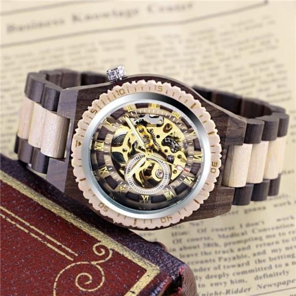 Men's Wooden Watch Skeleton Automatic Movement Wood Watch Self-Winding Watches - Picture 5 of 7